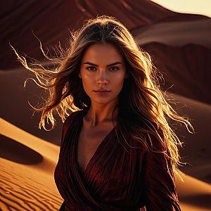 Portrait of Woman in Golden Hour Desert Light with Flowing Hair