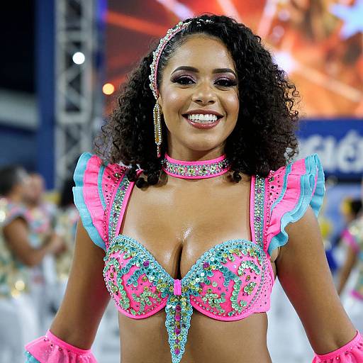 Smiling Samba Dancer in Vibrant Pink and Turquoise Carnival Costume