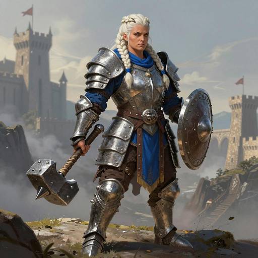 Female Warrior in Medieval Armor with War Hammer and Shield Near Castle