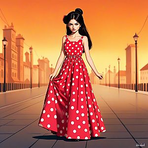 Confident Woman in Red Dress on City Street at Sunset