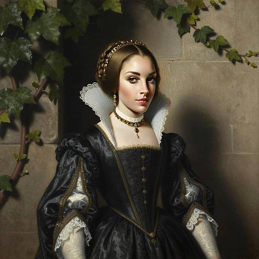 Elegant Renaissance Woman Portrait in Black Gown with Gold Accents