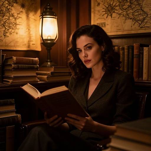 Vintage Woman Reading in Warmly Lit Classic Library