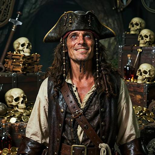 Pirate Man with Treasure and Skulls in Classic Costume