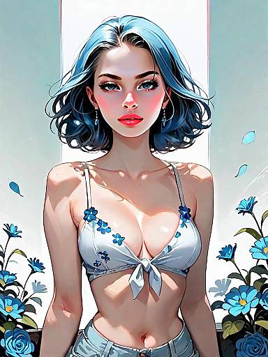 Realistic Digital Illustration of Woman in White Floral Bikini with Blue Hair and Flowers