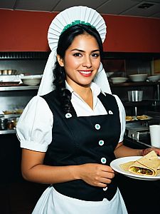 Mexican Waitress Costume Woman Serving Taco in Restaurant Kitchen