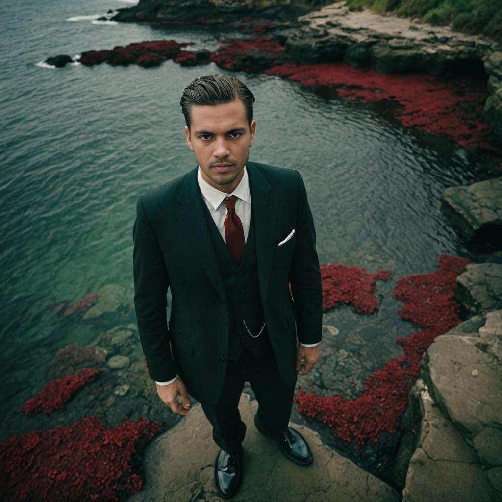 Stylish Man in Green Suit on Coastal Landscape