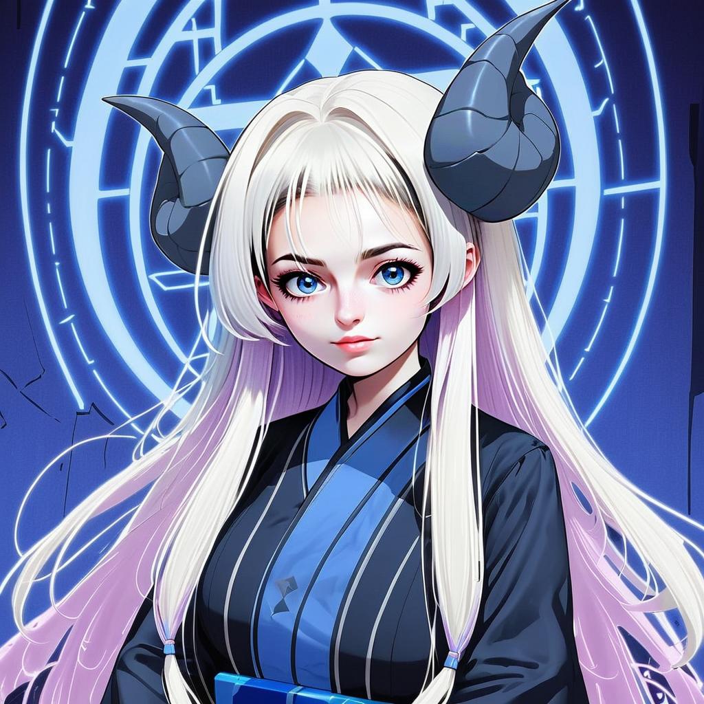 Anime Woman with White Hair and Black Horns in Blue Kimono