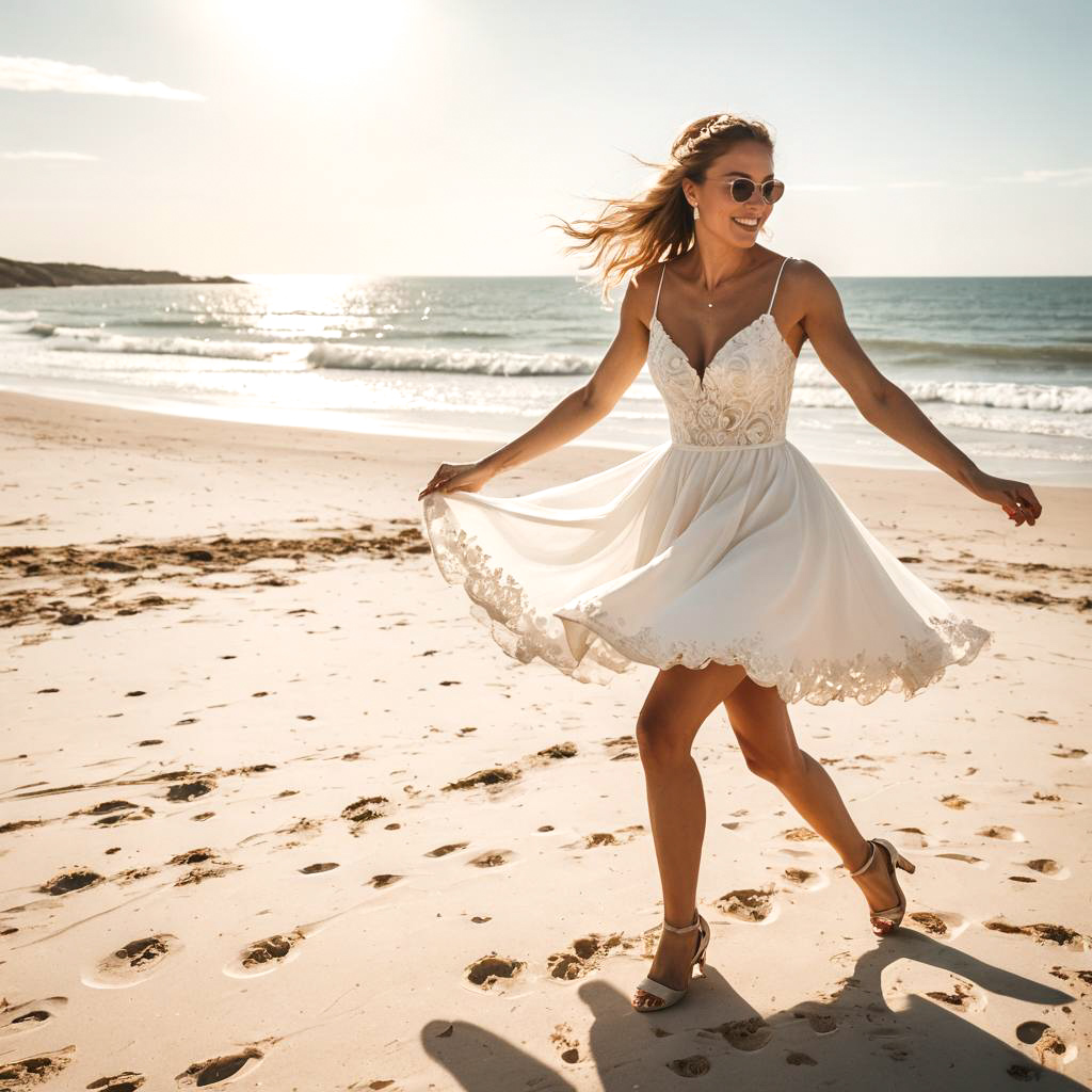 Joyful woman twirling on beach in white dress