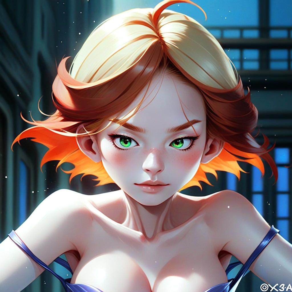Anime Style Digital Portrait of Woman with Fiery Orange Hair and Green Eyes