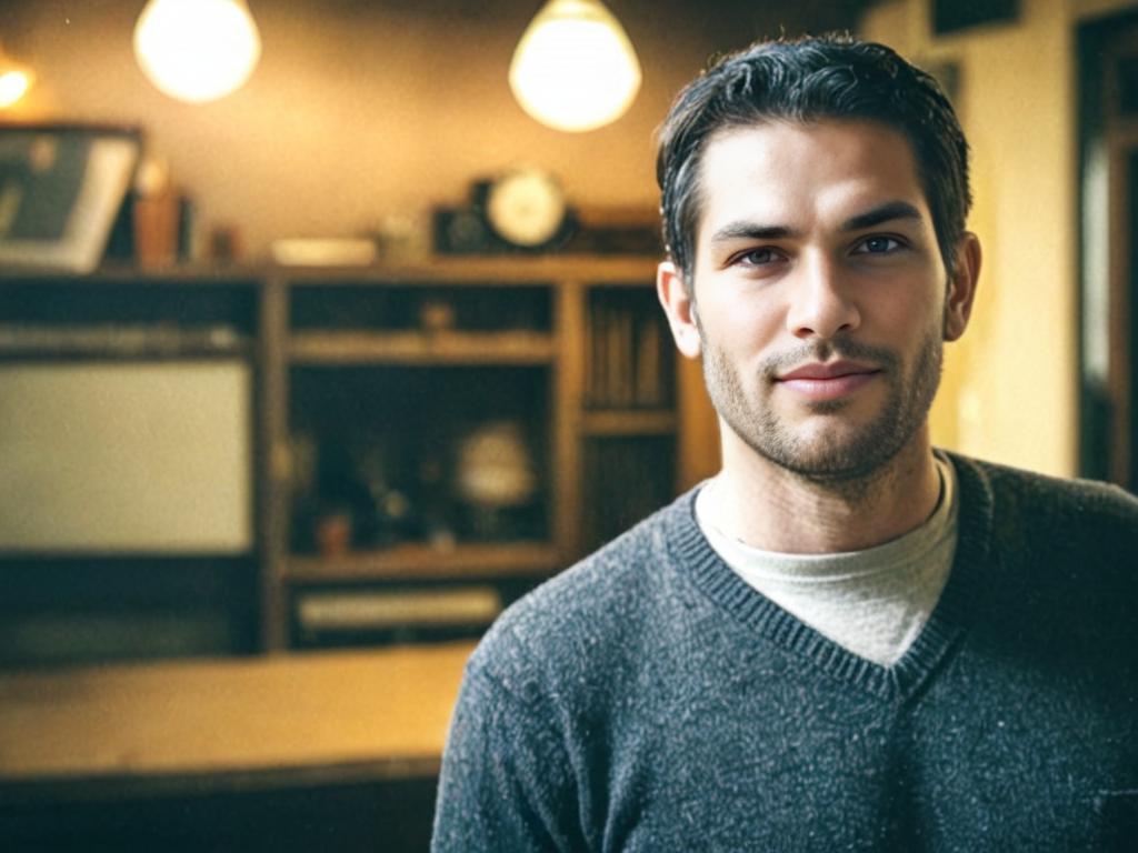 Man in Cozy Film Set Room