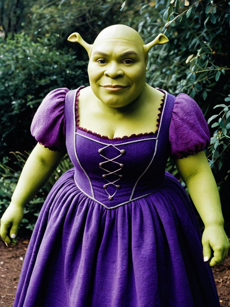 Woman in Purple Dress Wearing Detailed Shrek Costume Outdoors