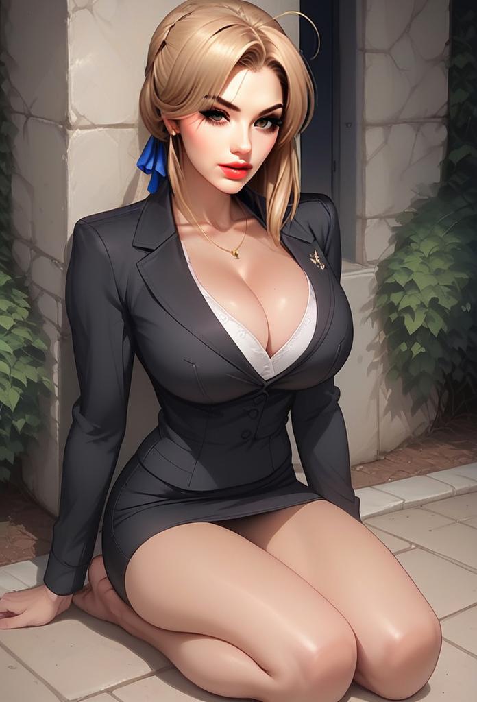 Stylized Blonde Woman in Black Suit Kneeling - Digital Anime Art