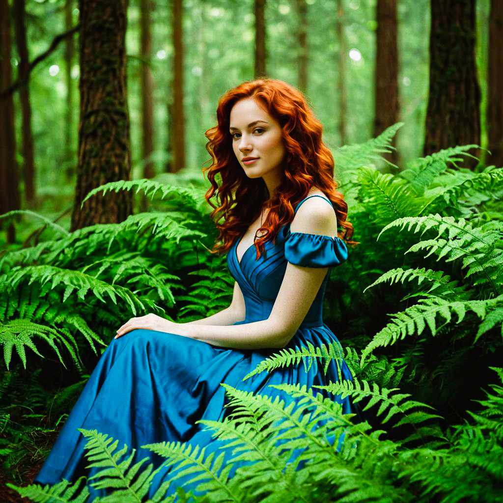 Woman in Blue Gown Among Ferns