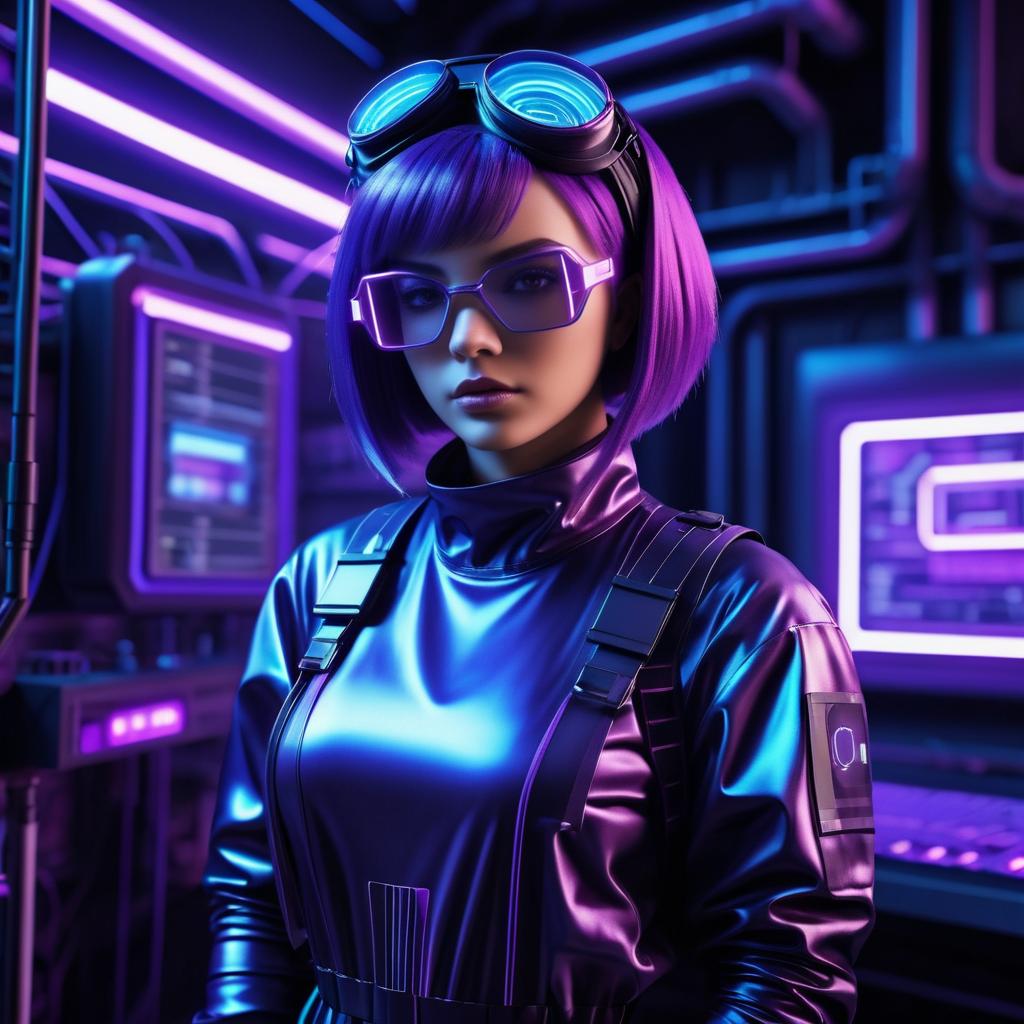 Woman with Purple Hair in Futuristic Goggles