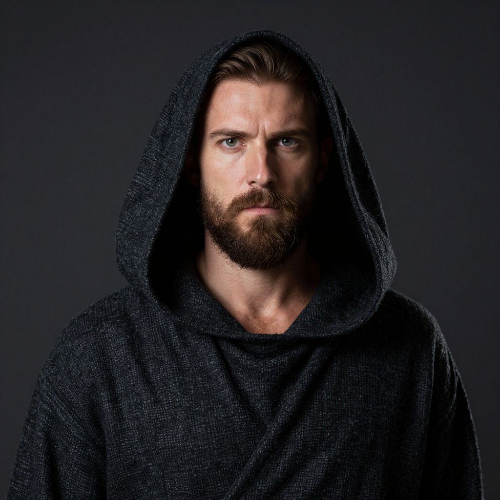 Portrait of Bearded Man in Dark Hooded Sweater