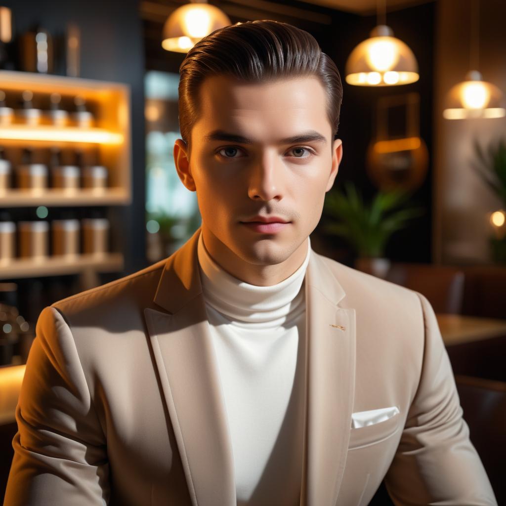 Stylish Young Man in Beige Suit at Modern Café