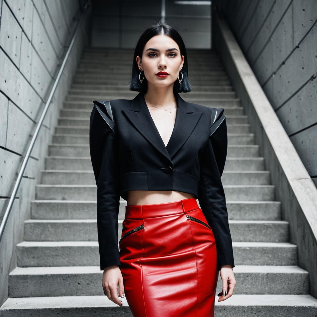 Confident Woman in Black Cropped Blazer and Red Leather Skirt on Urban Staircase