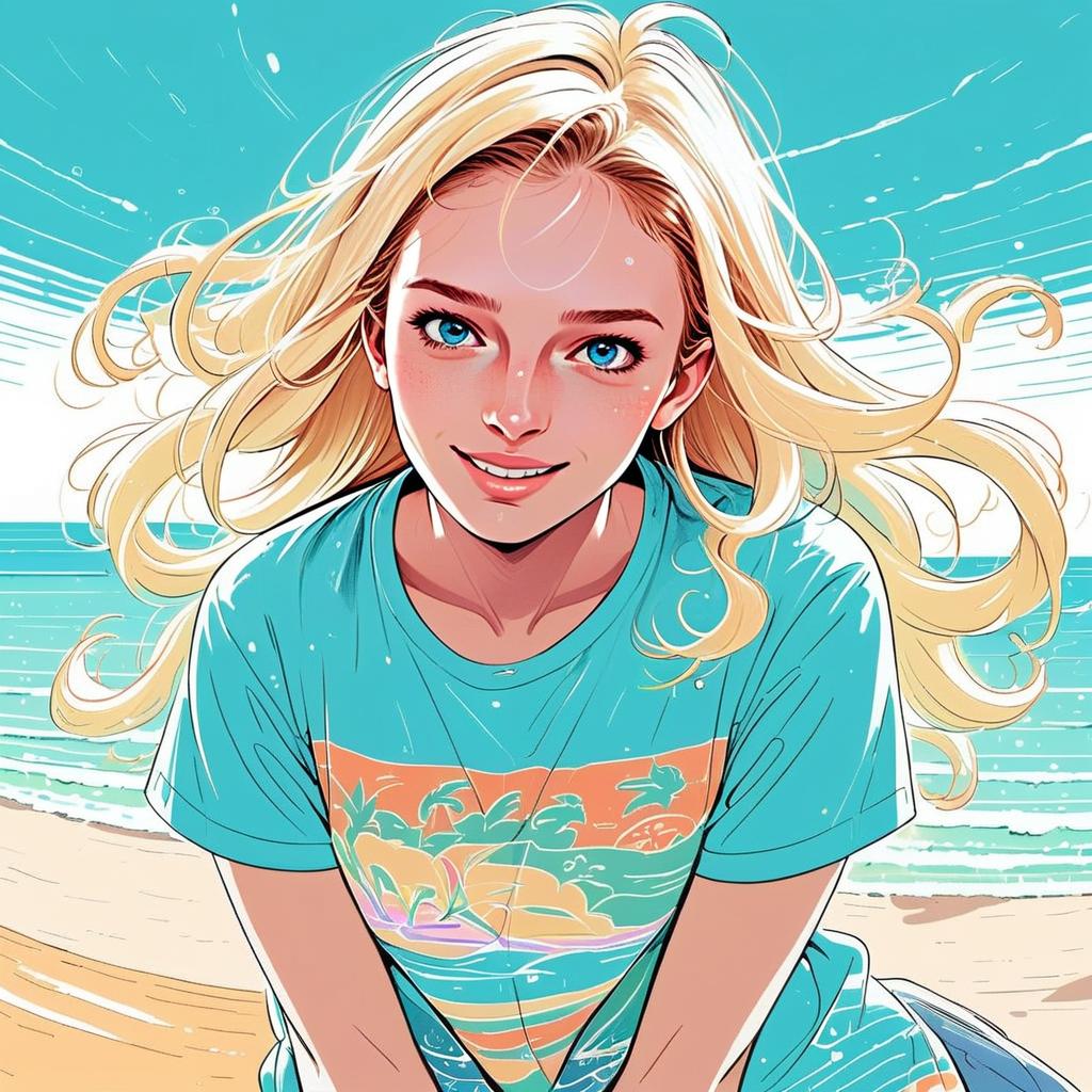 Young Woman Smiling at Beach with Tropical Sunset T-Shirt Young Woman Smiling at Beach with Tropical Sunset T-Shirt