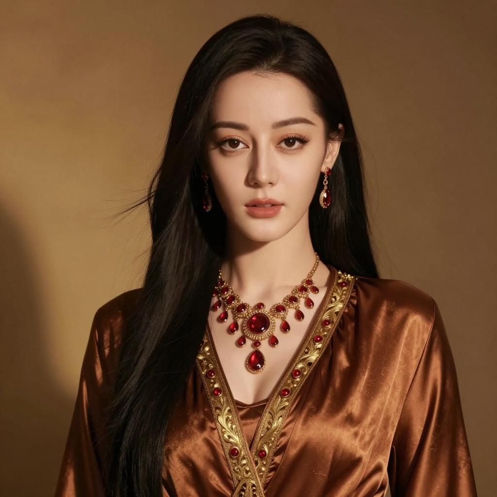 Elegant Woman Wearing Bronze Satin Dress and Red Gemstone Jewelry