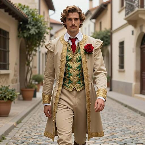 Man in Vintage Embroidered Suit with Rose on Cobblestone Street