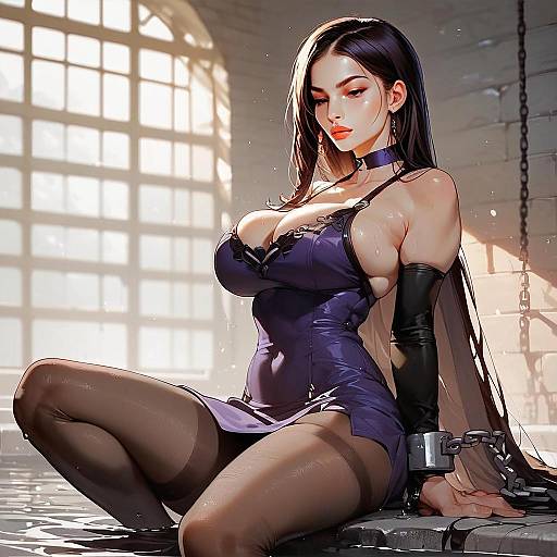 Anime Woman in Purple Dress Sitting by Water with Chains - Digital Art