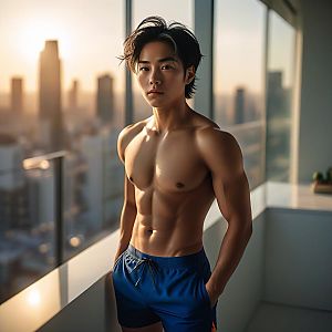 Shirtless Young Man on Balcony at Sunset