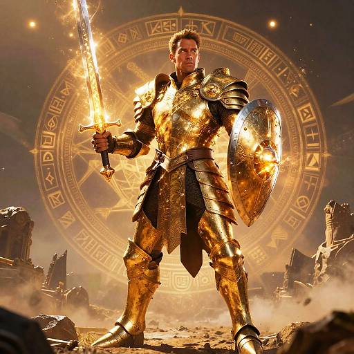 Golden Armored Knight with Sword and Shield in Mystical Fantasy Setting
