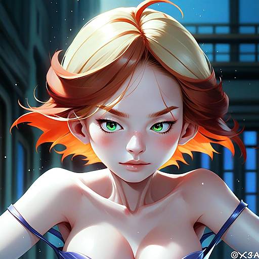 Anime Style Digital Portrait of Woman with Fiery Orange Hair and Green Eyes