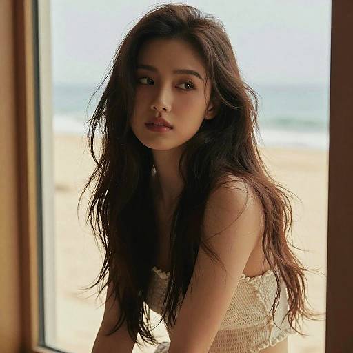 Contemplative Young Woman by Beach Window in Bohemian Style