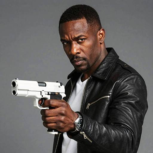 Man in Leather Jacket Pointing White Handgun with Intense Focus