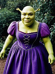 Woman in Purple Dress Wearing Detailed Shrek Costume Outdoors