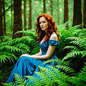 Woman in Blue Gown Among Ferns
