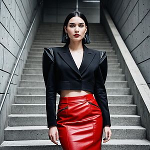 Confident Woman in Black Cropped Blazer and Red Leather Skirt on Urban Staircase
