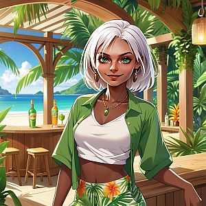 Confident Woman at Tropical Beach Bar
