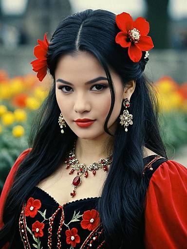 Woman in Mirabel Madrigal Costume with Floral Embroidery and Red Accessories