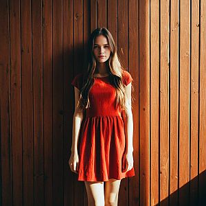 Confident Woman in Red Dress Against Wooden Background
