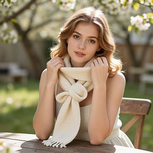 Young Woman in Cream Knitted Scarf Sitting Outdoors in Spring Garden