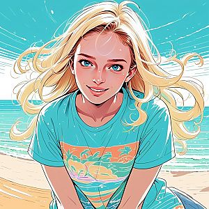 Young Woman Smiling at Beach with Tropical Sunset T-Shirt