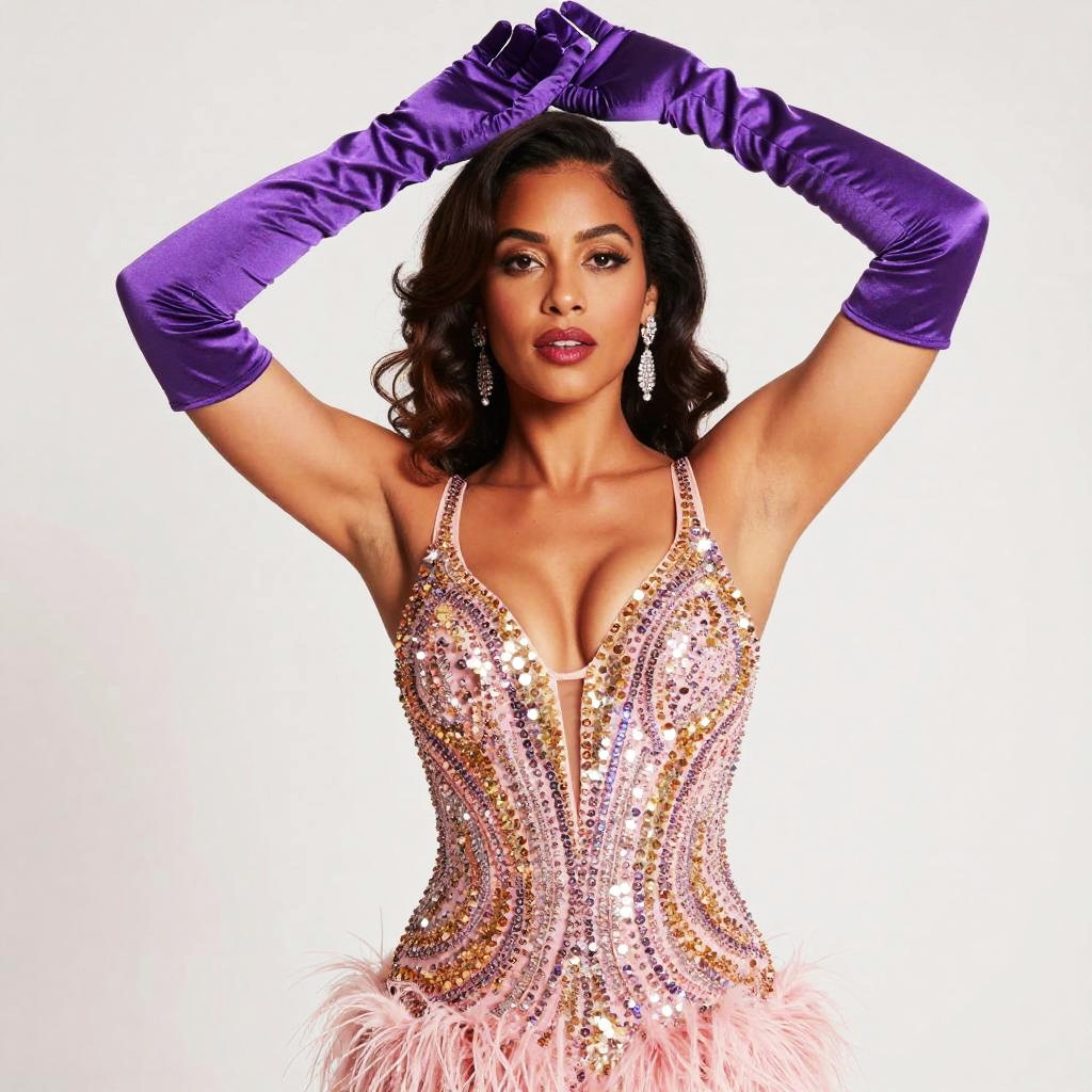 Elegant Woman in Sequined Pink Dress and Purple Satin Gloves