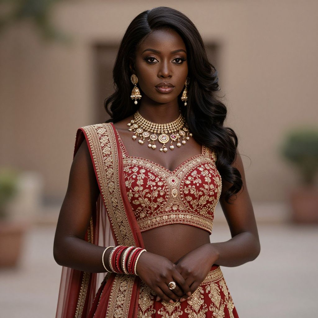Elegant African Woman in Traditional Indian Red and Gold Bridal Attire