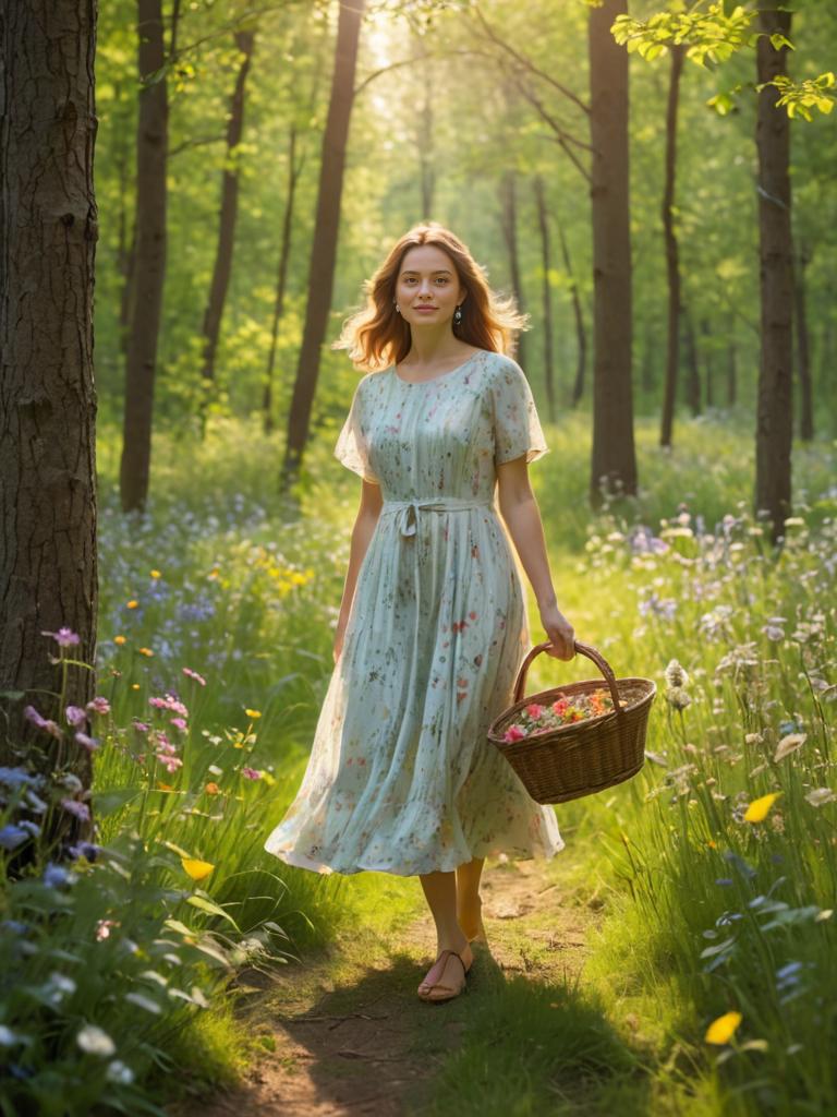 Elegant Woman Strolling in Sun-Dappled Forest