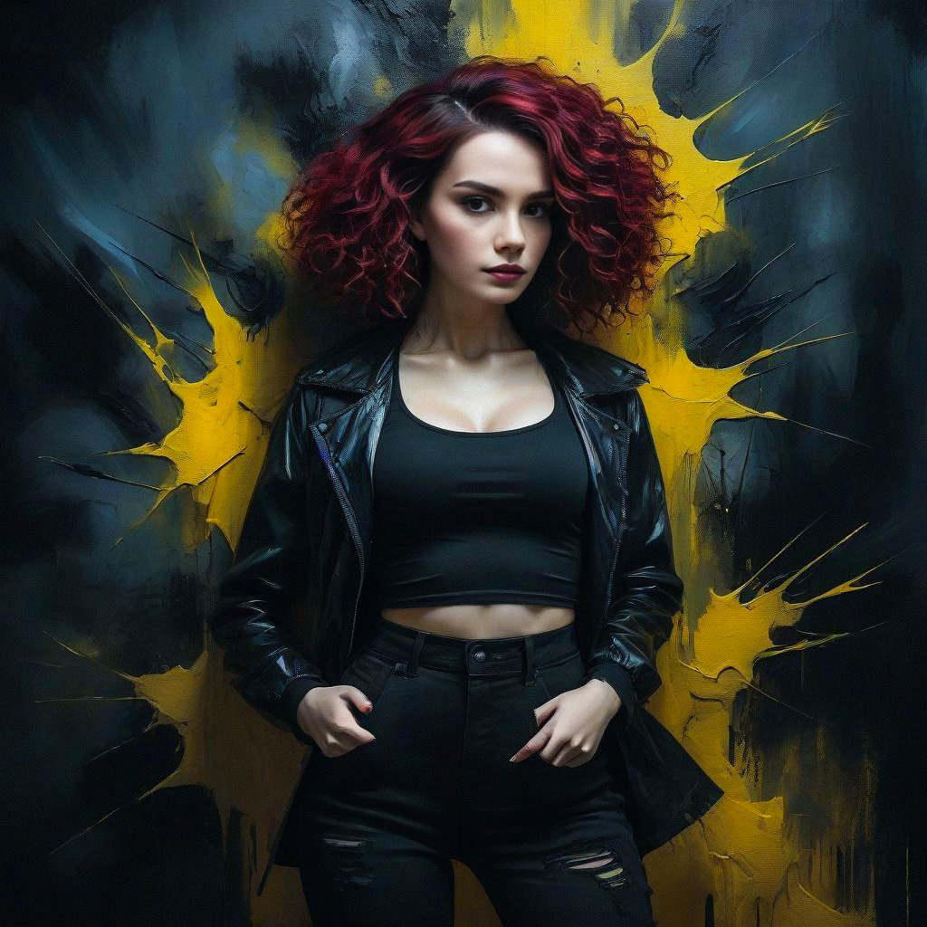 Confident Woman with Curly Red Hair in Leather Jacket Confident Woman with Curly Red Hair in Leather Jacket