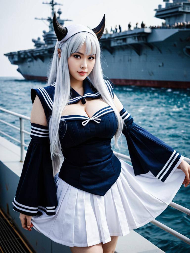 Woman in Sailor Cosplay with Aircraft Carrier on Water Background