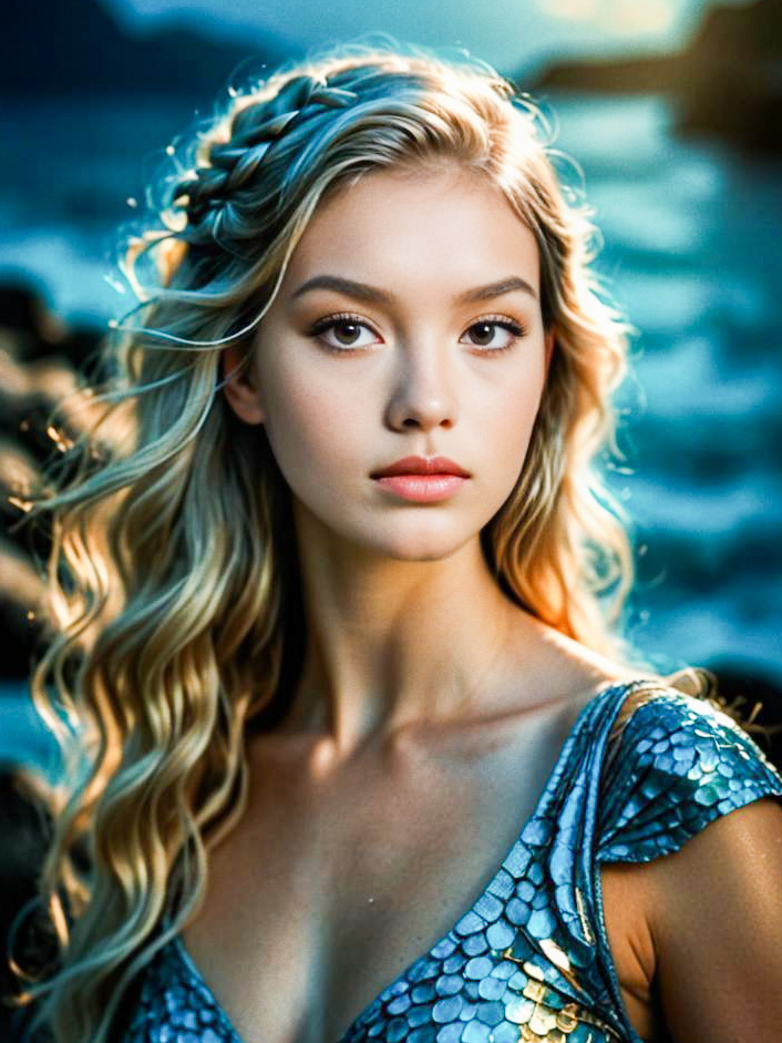 Ethereal Young Woman with Wavy Hair and Shimmering Outfit