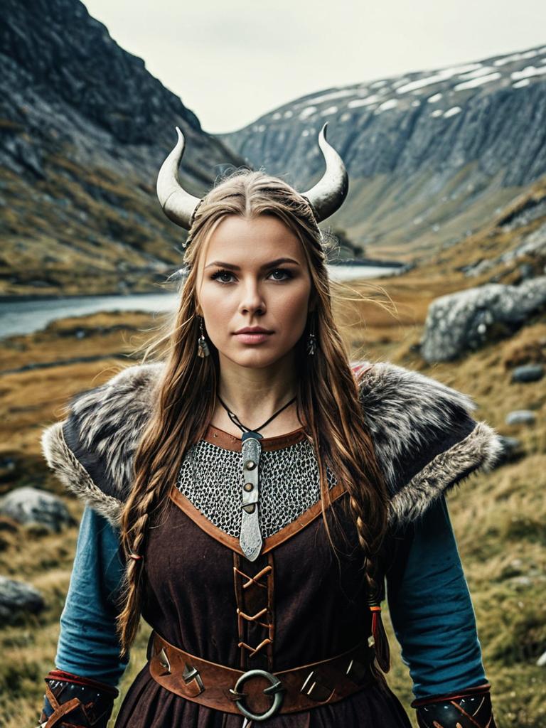 Photorealistic Portrait of Woman in Viking Costume with Horned Headdress in Rugged Outdoor Landscape