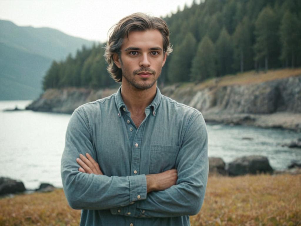 Serene Man by Lakeside with Forested Mountains