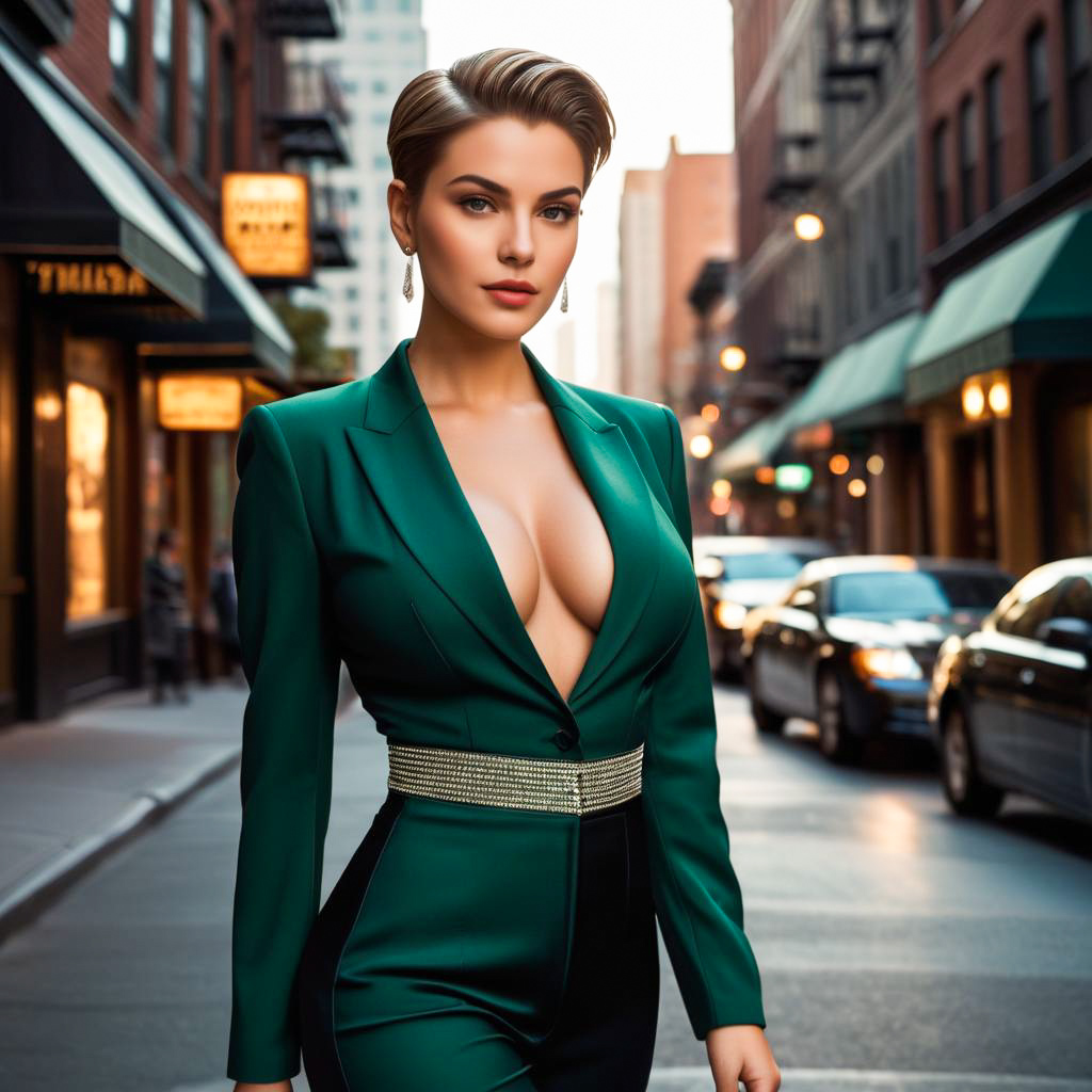 Confident Woman in Green Suit in Urban Setting