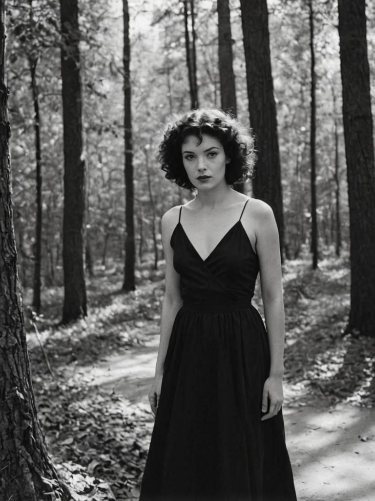 Contemplative Woman in Black Dress Among Trees