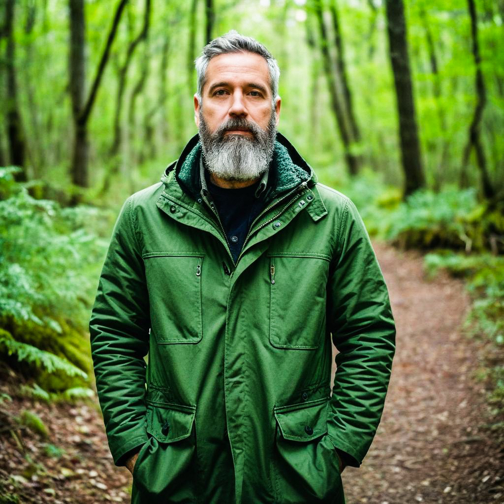 Mature Man in Green Jacket in Forest
