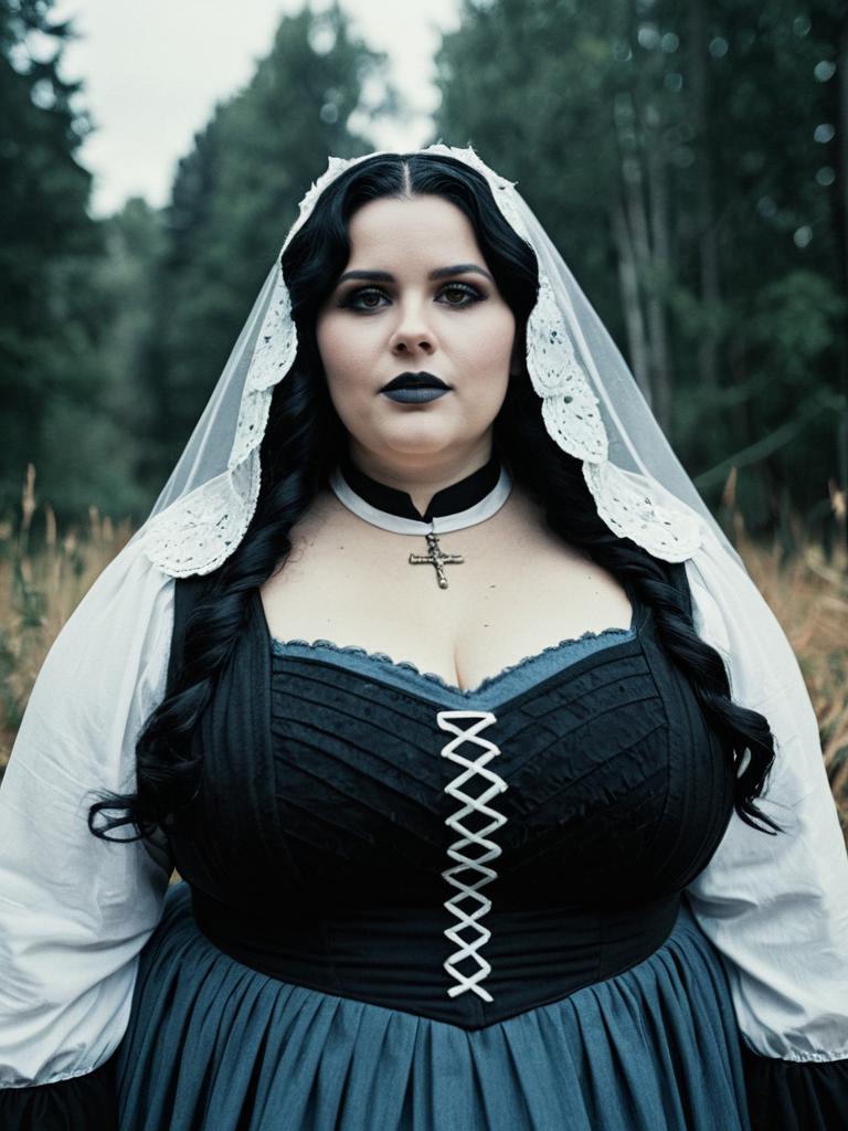 Plus-Size Woman in Llorona Costume Cosplay Portrait in Forest